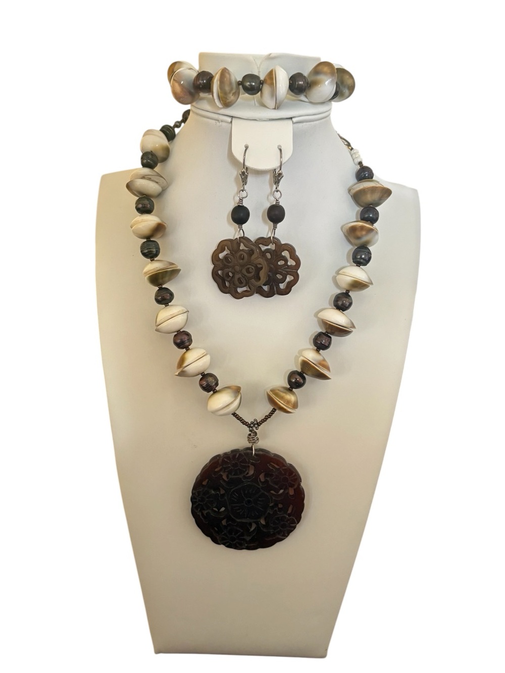 OOAK Handmade Artisan Statement Serpentine Pearl Necklace Bracelet Earrings Set